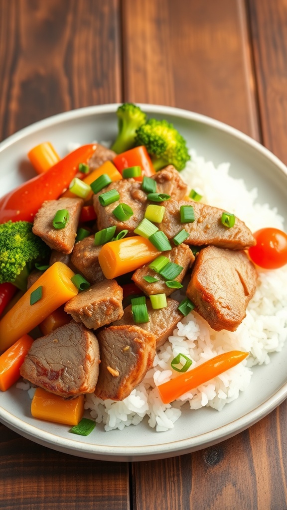 Spicy pork stir-fry with bell peppers, broccoli, and carrots served over rice.